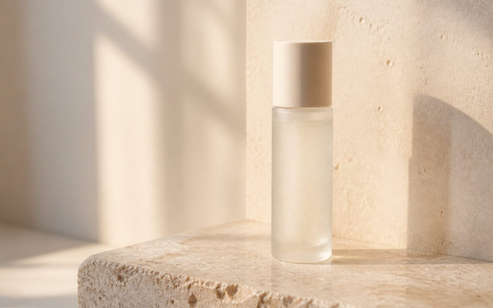 Frosted glass serum bottle on a travertine ledge in soft morning light