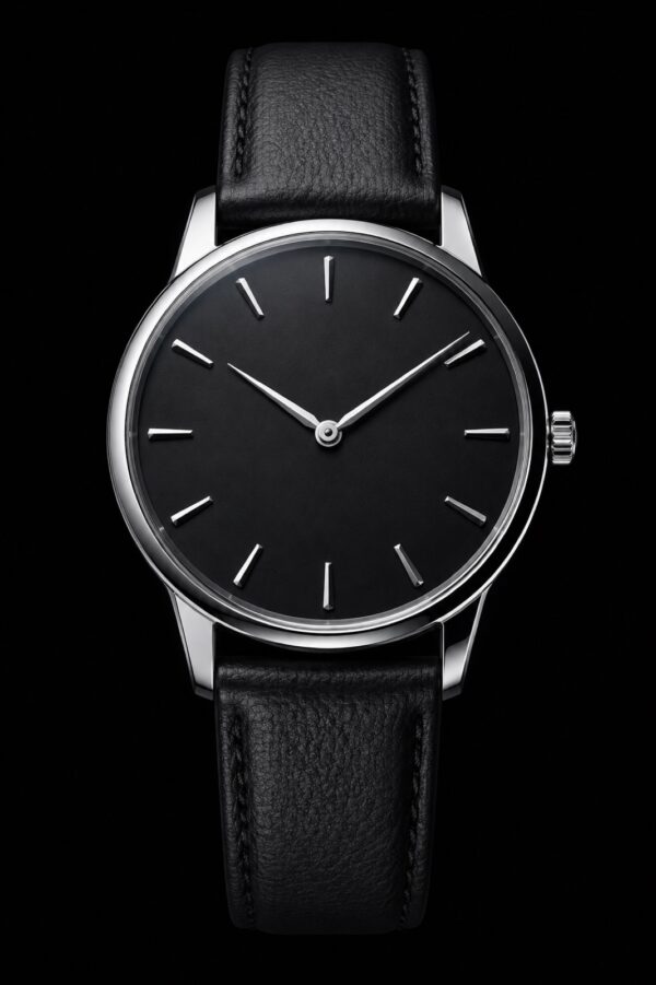 DETENT Type 01 Noir mechanical wristwatch with a black dial and leather strap