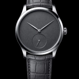Steel dress watch with an anthracite dial and small seconds at six, front view on black