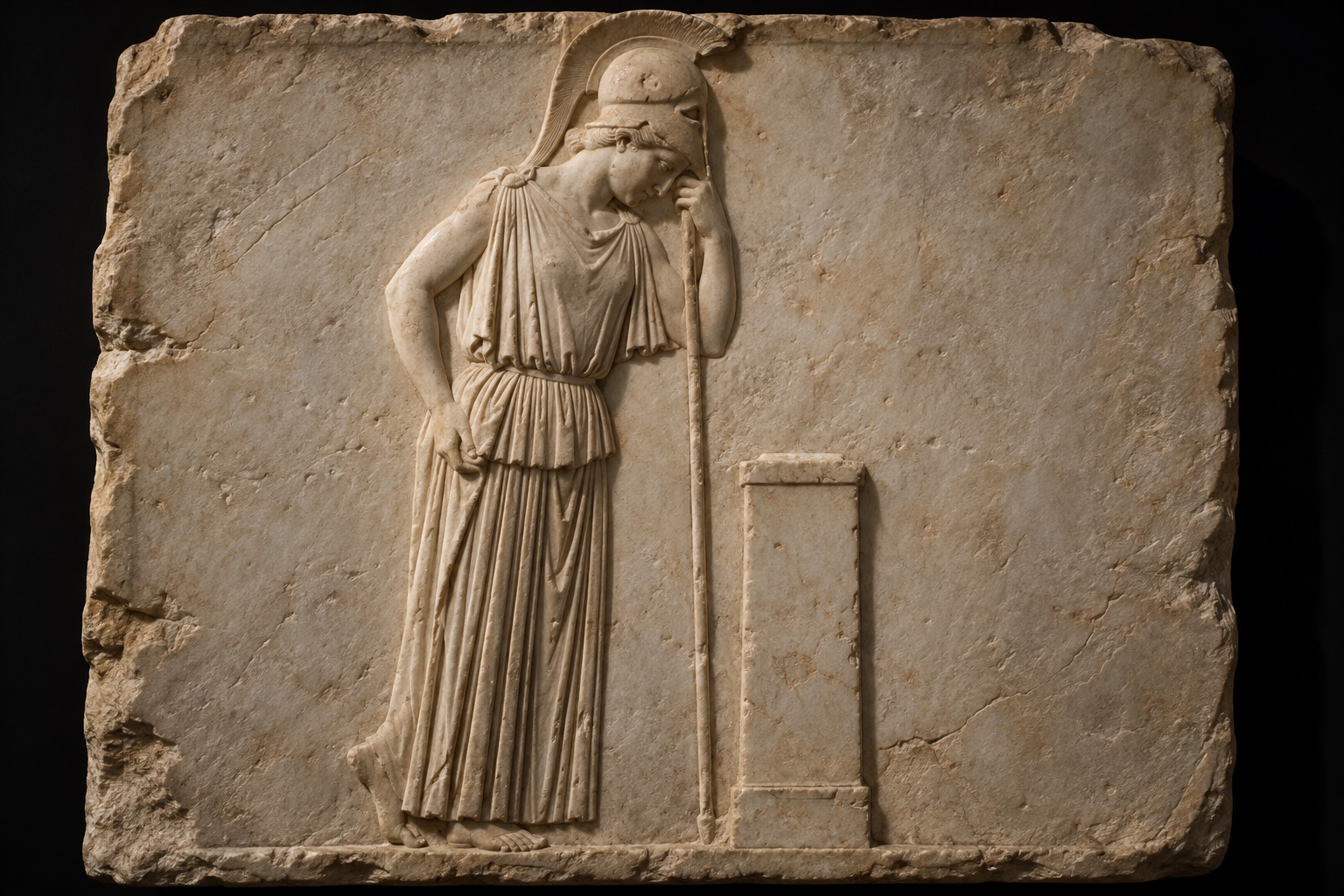 Marble relief of Athena leaning on her spear, head bowed toward a low stone pillar