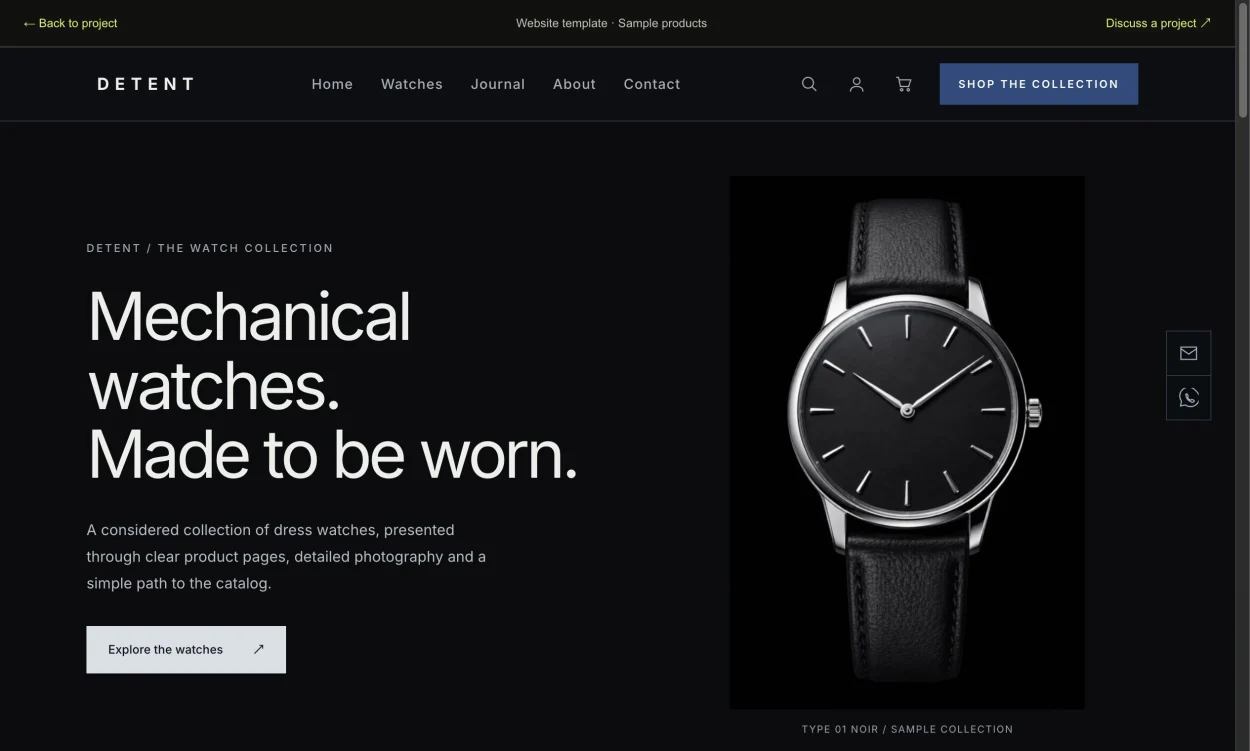 DETENT wristwatch storefront with a finished watch